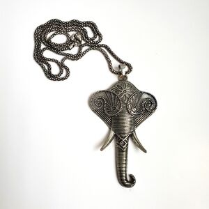 Pewter Tone Elephant Pendant Necklace Ornate Design Ribbed Trunk + Tusks Rustic